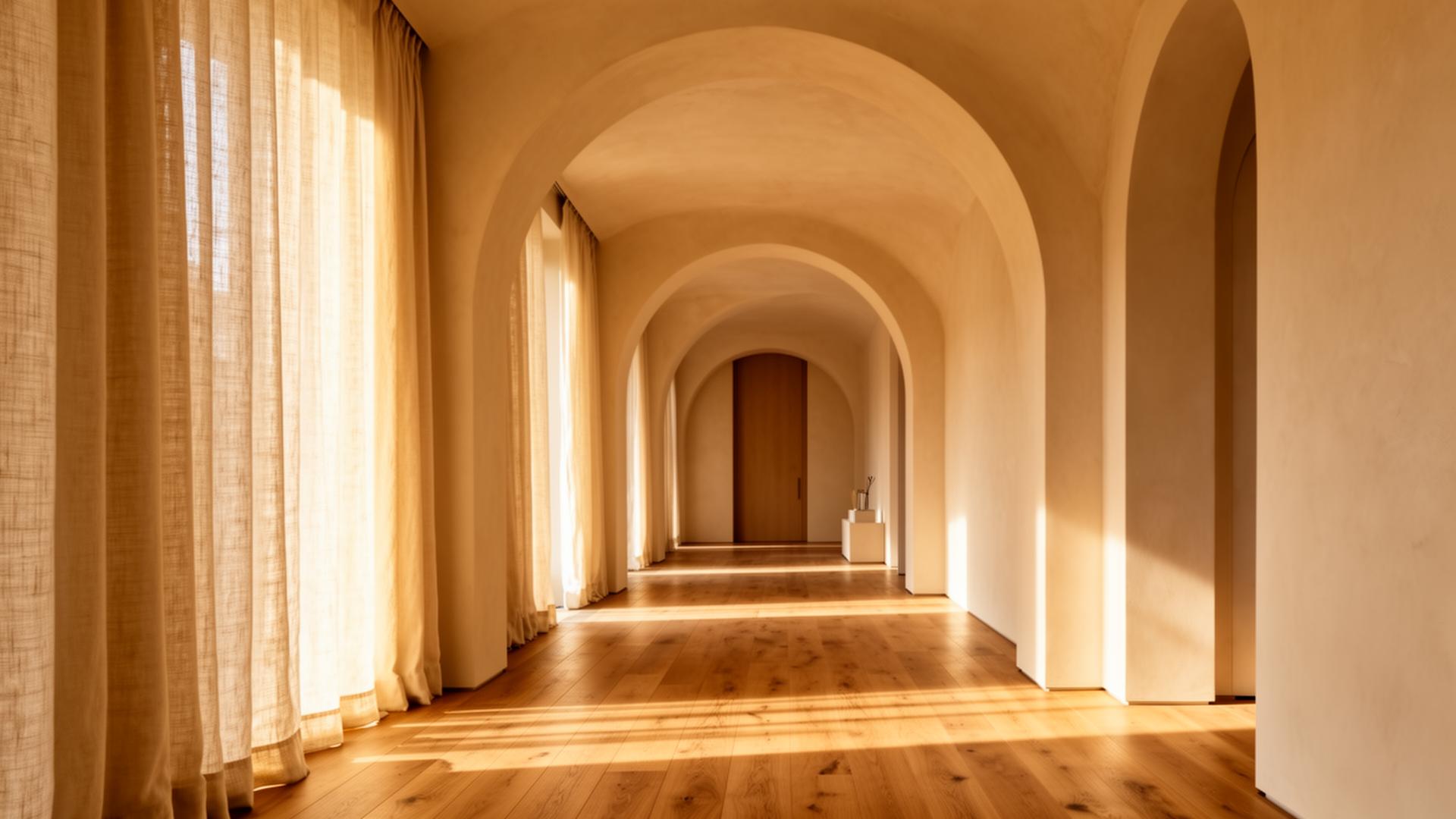 Sun-drenched arched hallway with linen drapes and warm oak floors