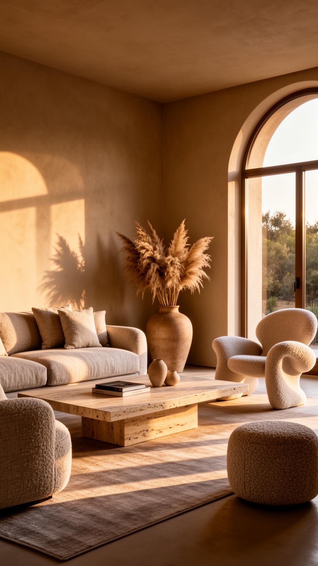 Sun-drenched organic modern living room with warm beige tones, bouclé sofa, travertine table, and arched window